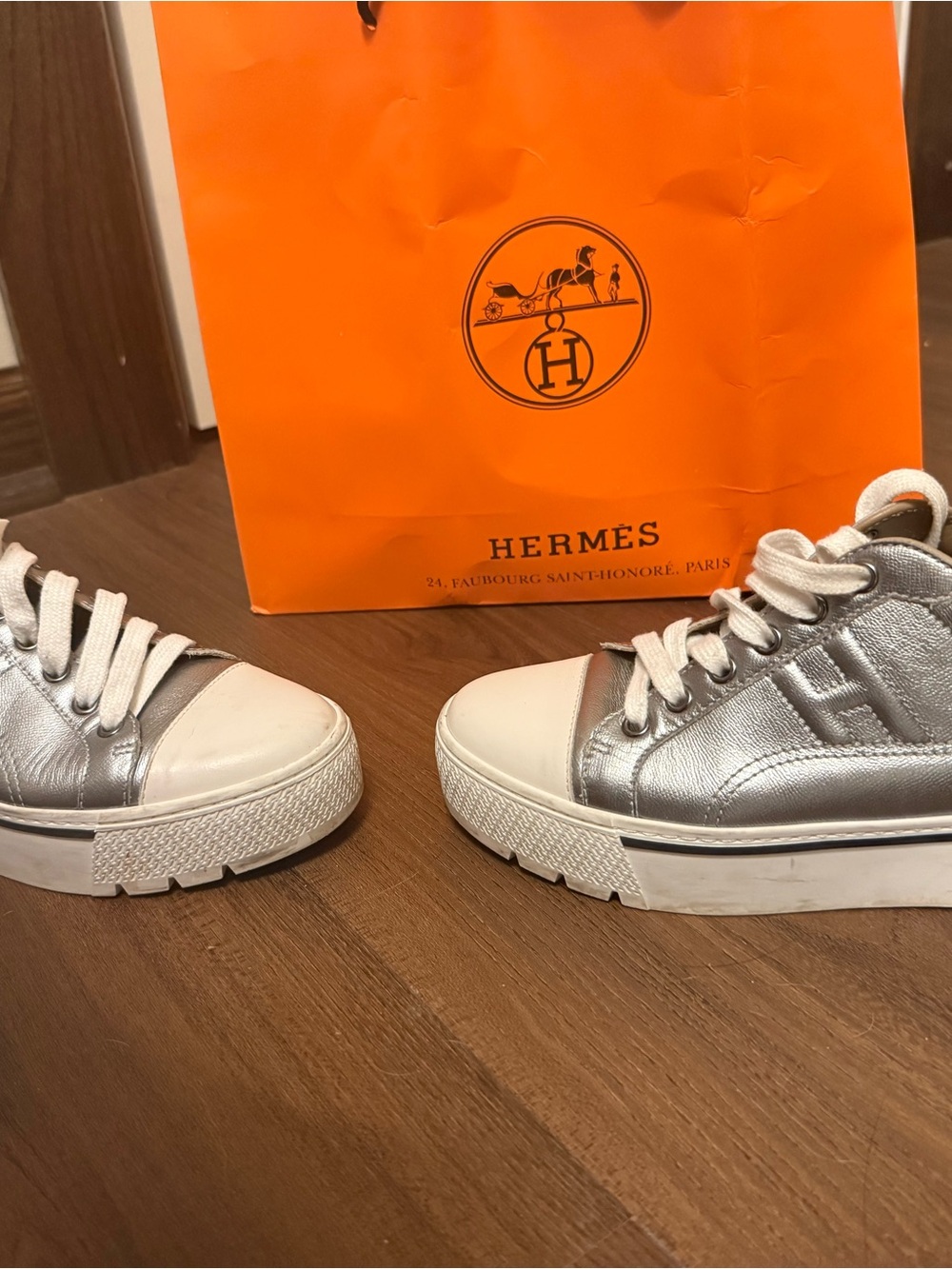 Hermes Silver and White Leather Platform Sneakers - Picture 6 of 8